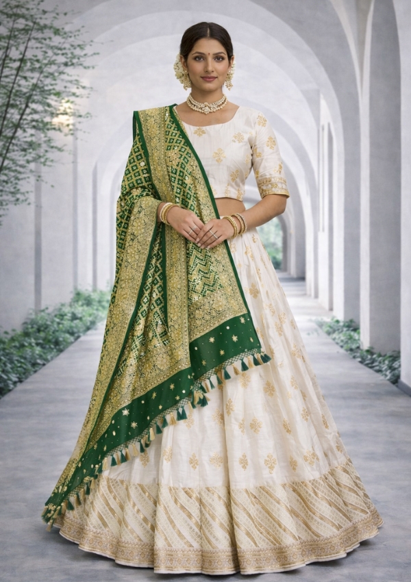 White Green Bandhej Chaniya